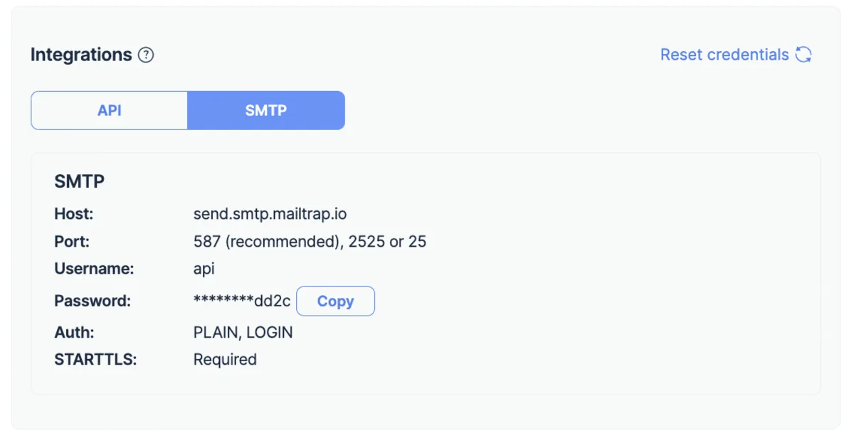 SMTP credentials on Mailtrap.