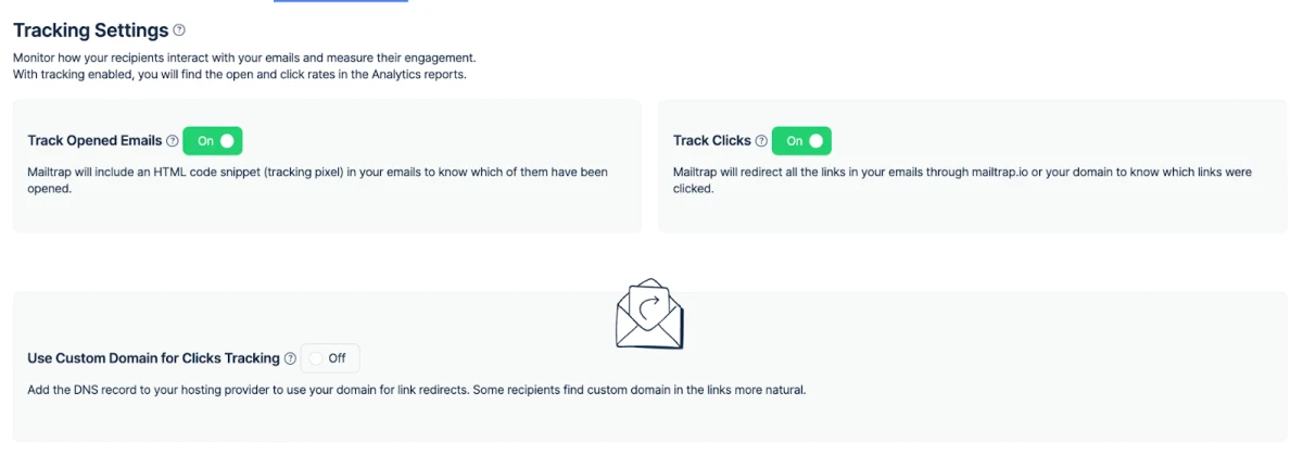 Tracking settings on Mailtrap.