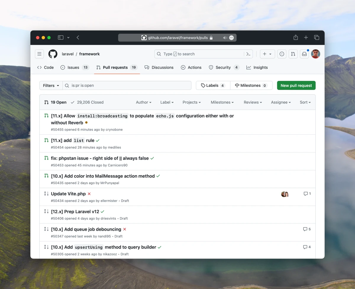 Pull requests on the laravel/framework repository.