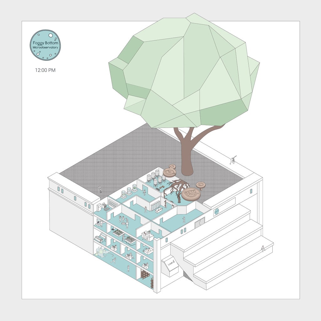 A cutaway isometric illustration of a building revealing tin astronuats working inside.