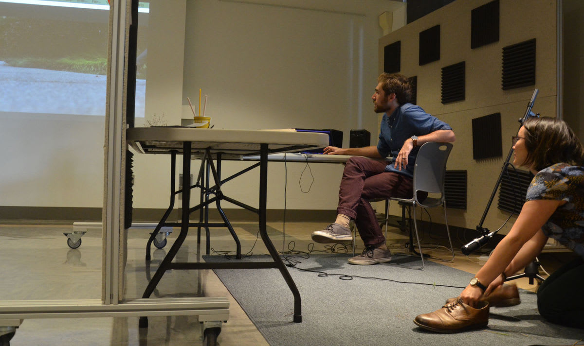 recording foley sound effects with shoes on a carpet