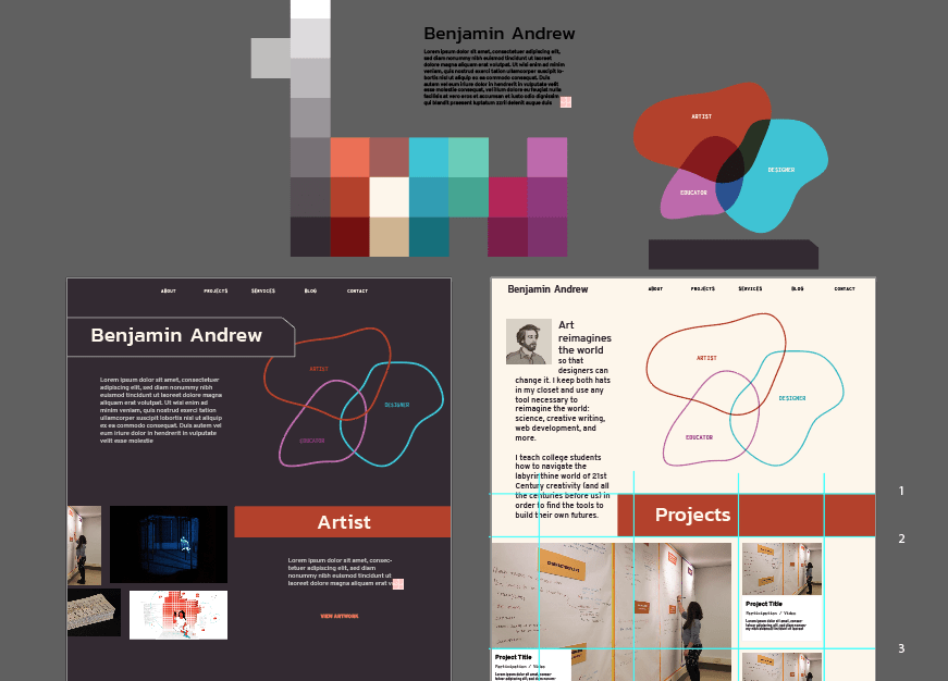 A screenshot of Adobe Illustrator showing various page layouts and color palettes for a website.