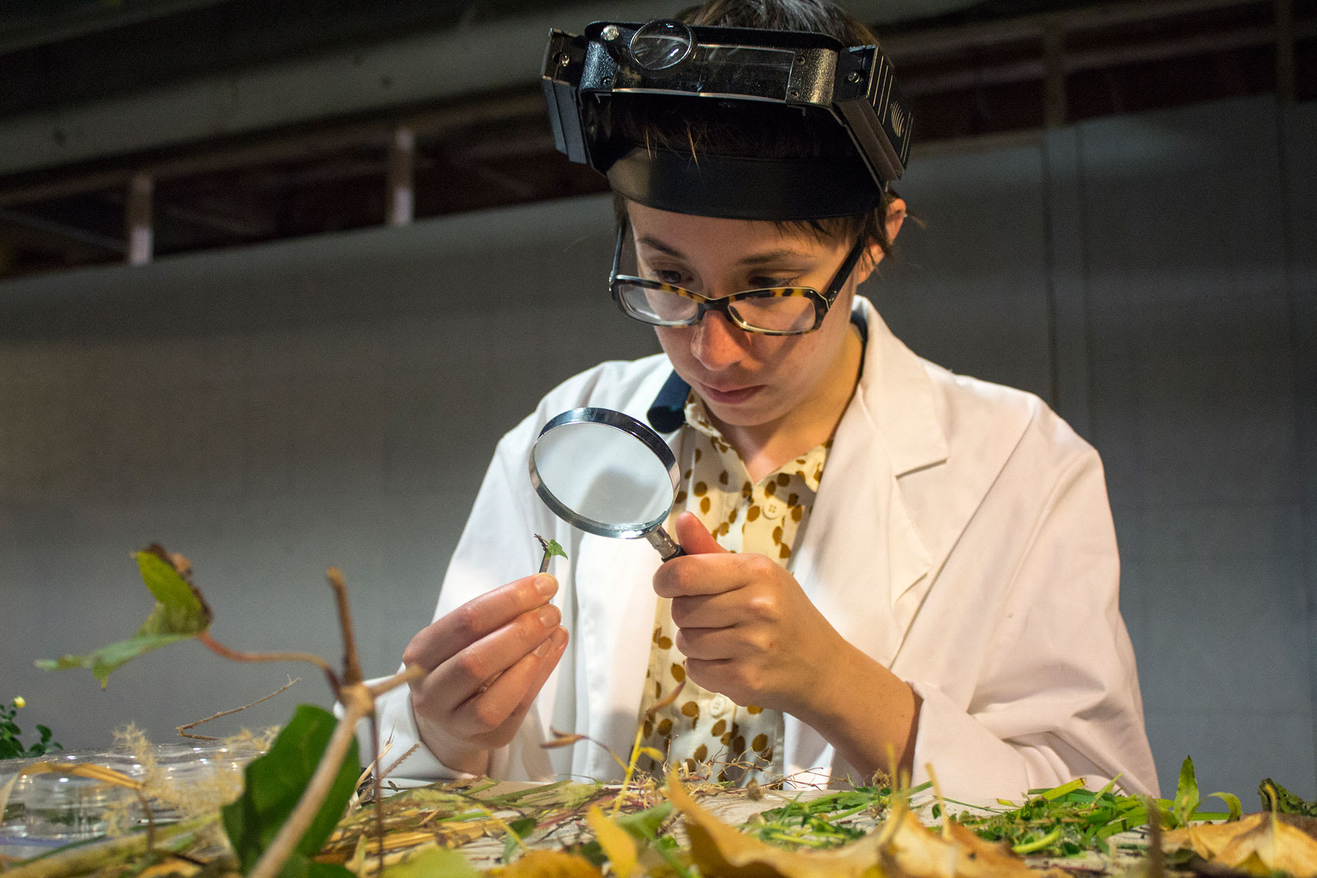 a woman in a lab coat examining plants with a magnifying glass