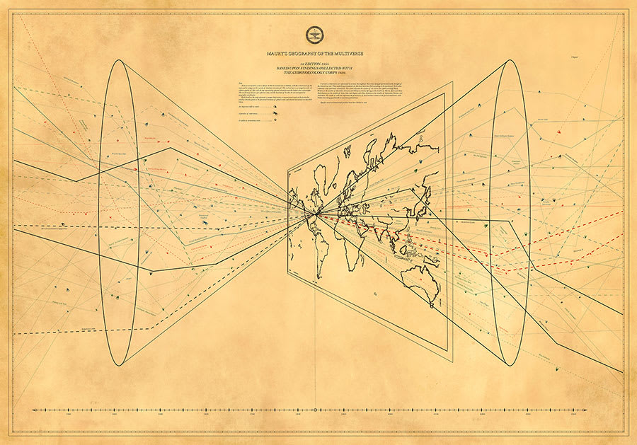 an antique map showing branching lines of the multiverse placed atop a map of the world