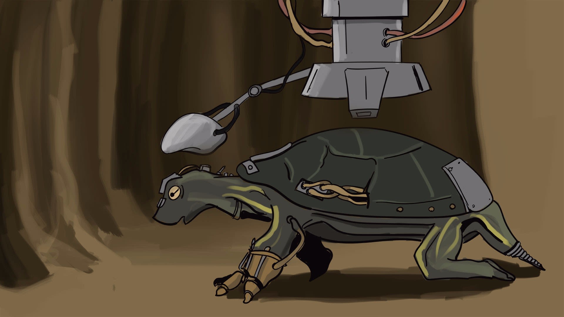 Digital illustration of a turtle with a mechanical device overhead