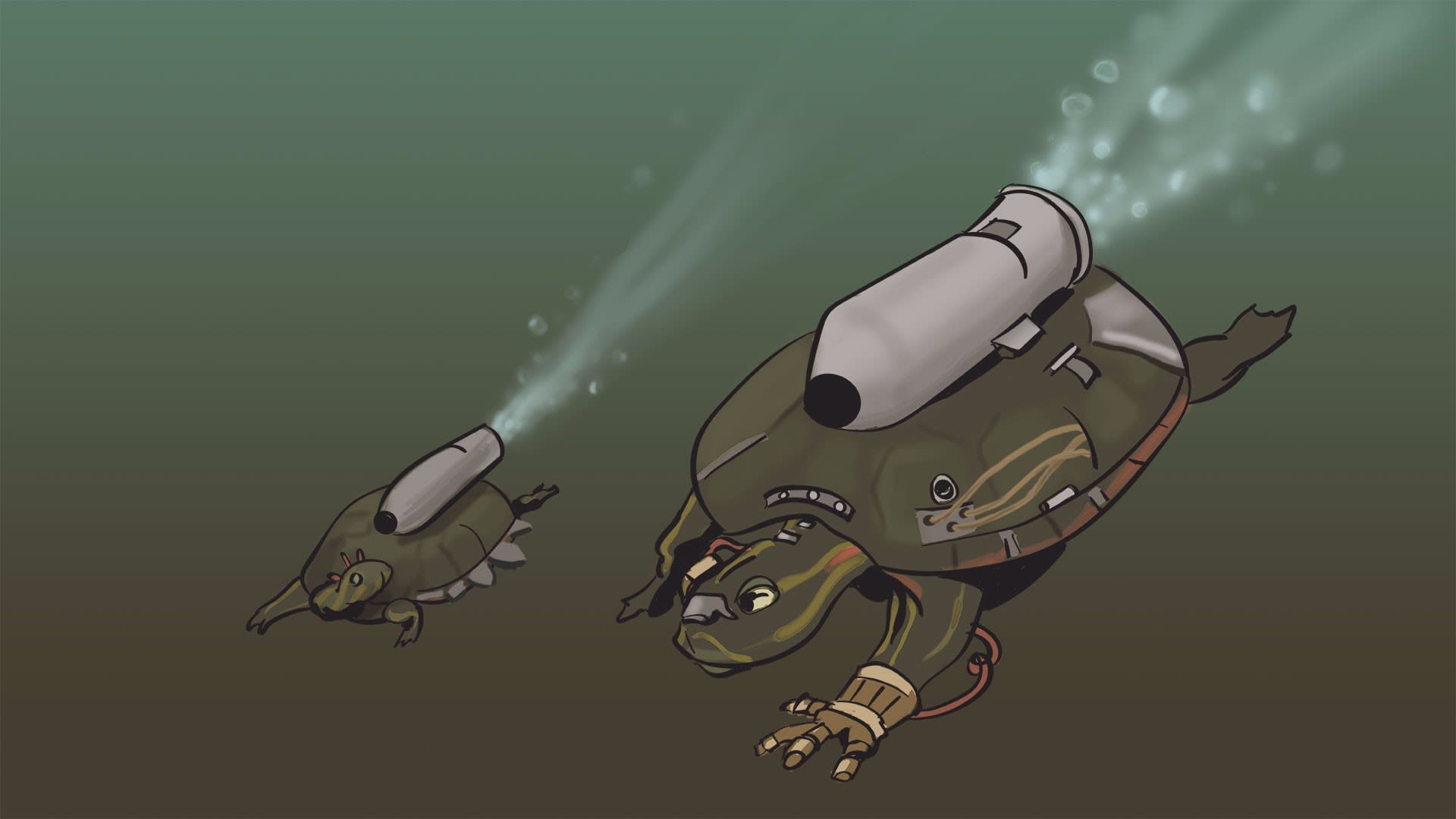 Digital illustration of two turtles swimming underwater with jetpacks.