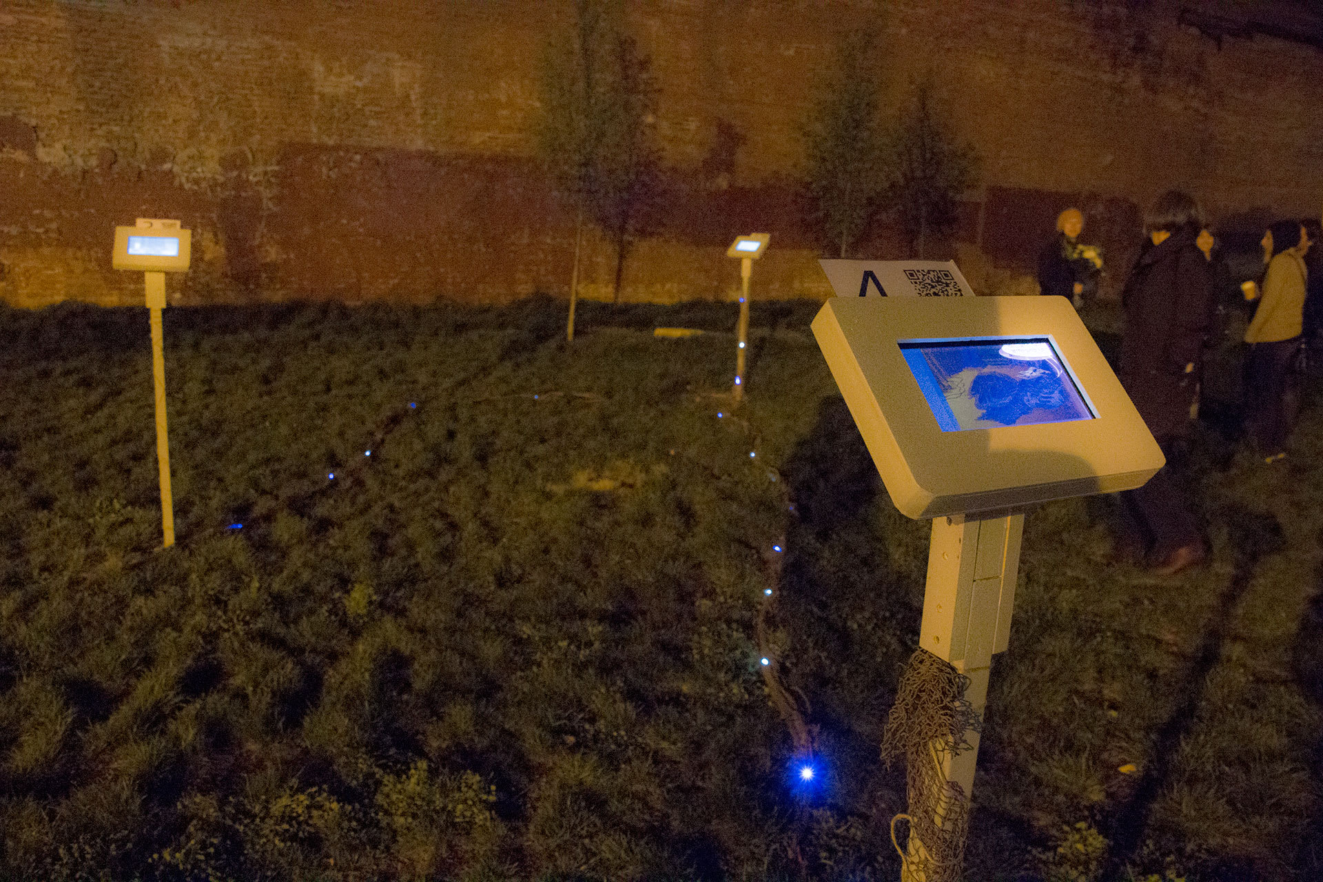 Several screens on vertical posts in a park at night