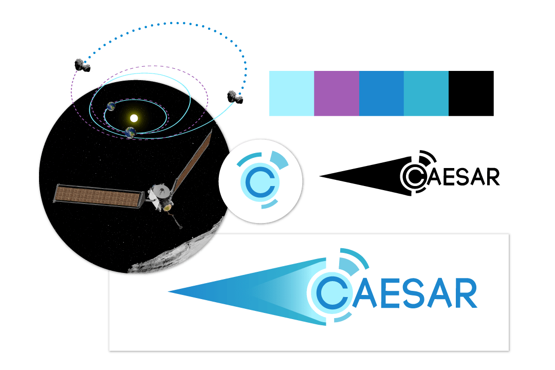 CAESAER wordmark logo with blue, teal, purple color swatches.