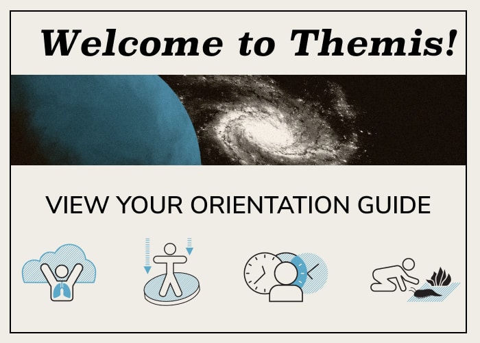 A planetar welcome guide with retro space artwork and icons, text reading Welcome to Themis!