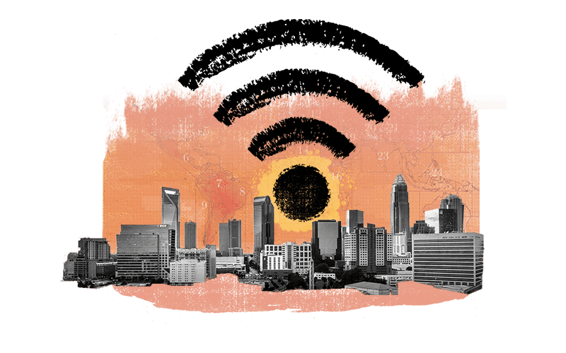 A digital illustration of a city against a orange sunrise with a giant wifi icon.