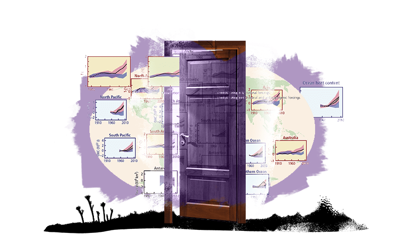 A digital illustration of a door opening with assorted charts floating out of it.