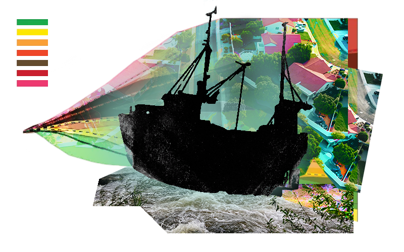 A digital illustration of a boat sillhouetted against an aerial photo of a neighborhood with rainbow colors.