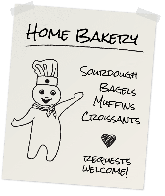 Handdrawn poster advertising baked goods with a drawing of the Pillsbury Doughboy