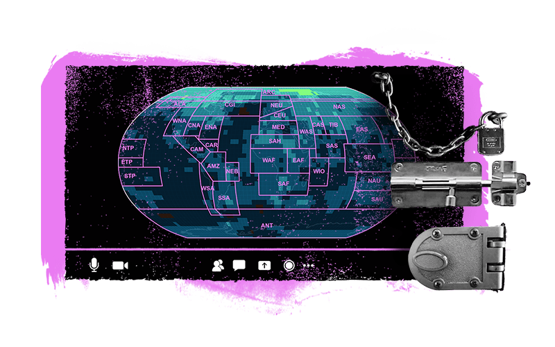 A digital illustration a world map with door locks on the side