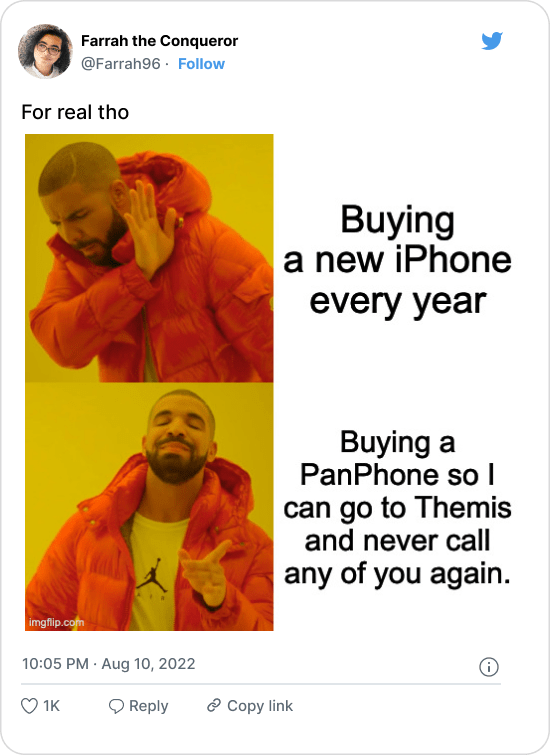 Drake meme advocating buying a PanPhone instead of an iPhone so the author doesn't have to talk to people any more