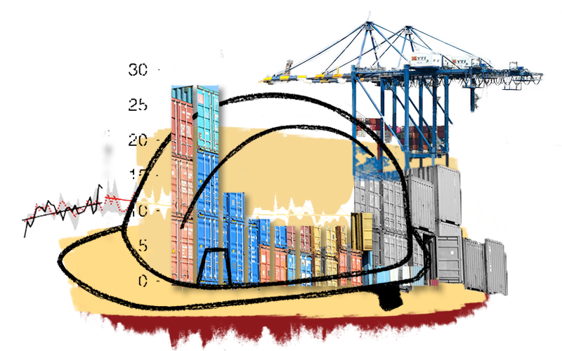 A digital illustration of a hard hat with shipping containers nad cranes poking out the top.