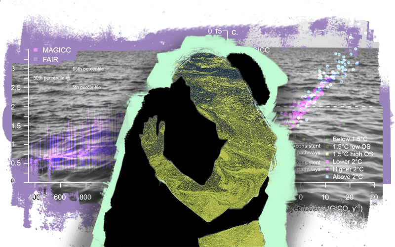 A digital illustration of two figures hugging against an ocean backdrop with colorful textures.