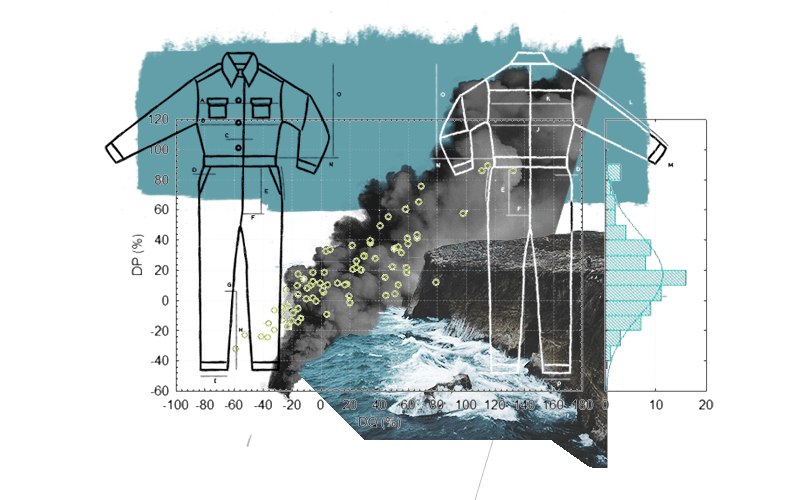 A digital illustration of a column of smoke with diagrammatic drawings of jumpsuits.