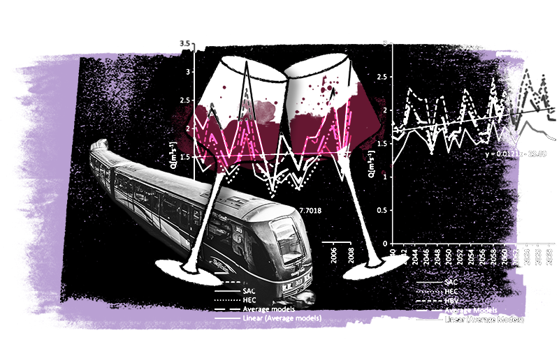 A digital illustration of a train, two wine glasses, and charts of data.