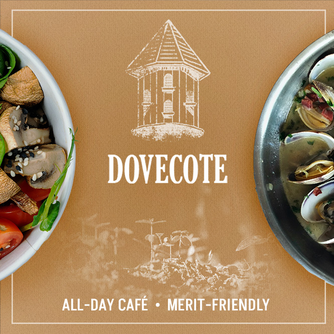 Advertisement for Dovecote restaurant, featuring top-down images of plated food