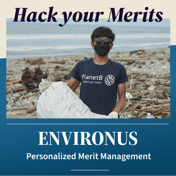 Advertisement for Merti Management company featuring a masked man cleaning trash on a beach