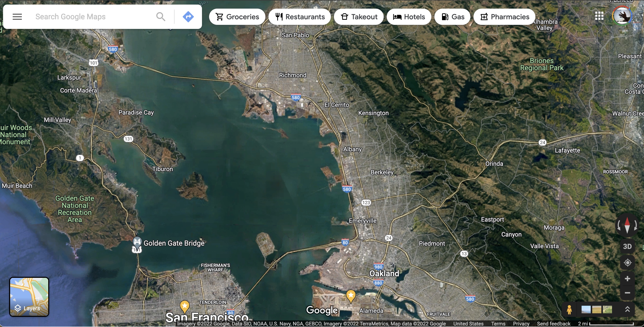 Berkeley and some of the surrounding Bay Area, satellite view from Google
