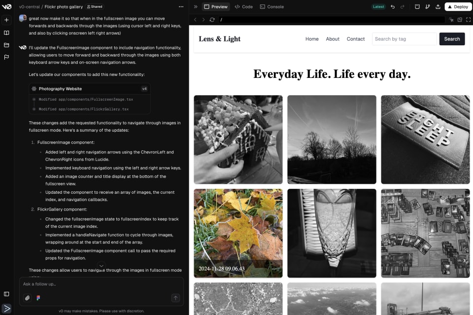Screenshot showing v0 preview of the Flickr photo album