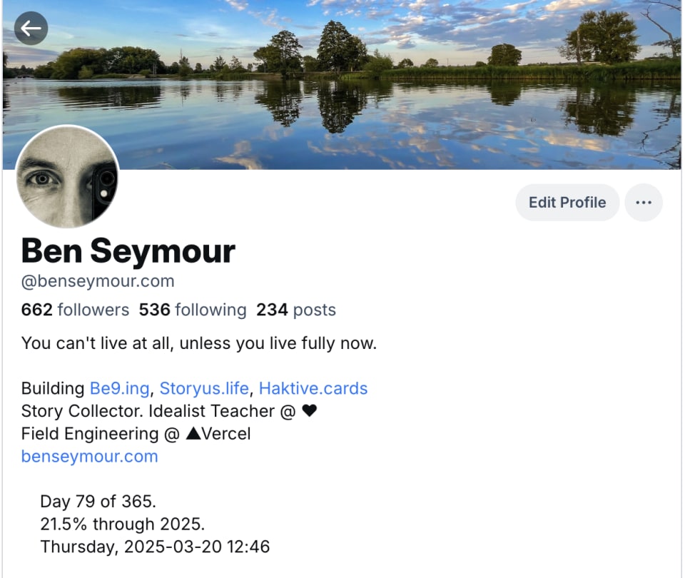 Screenshot showing my bsky profile with automated profile content