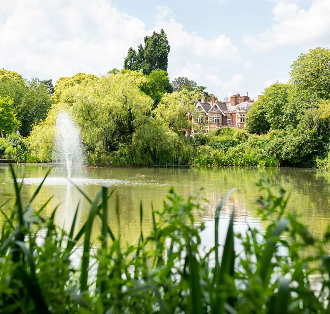 An external photo of the lake at Bletchley Park