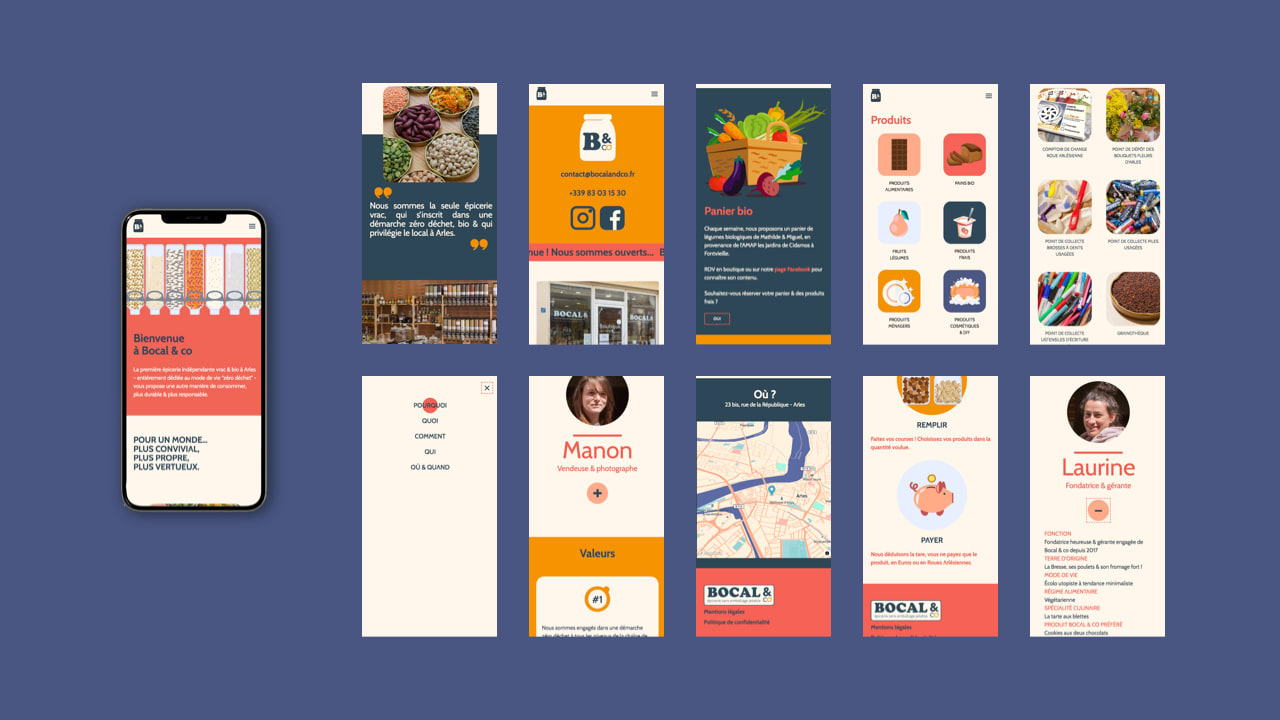 screenshots of the mobile version of the Bocal and co website