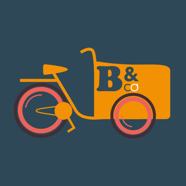 Dessin d'un vélo triporteur de profil portant le logo Bocal and co