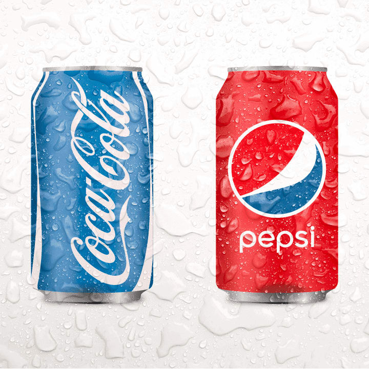 reversed colors of Pepsi and Coca-Cola: the Pepsi can is red, the Coca-Cola can is blue