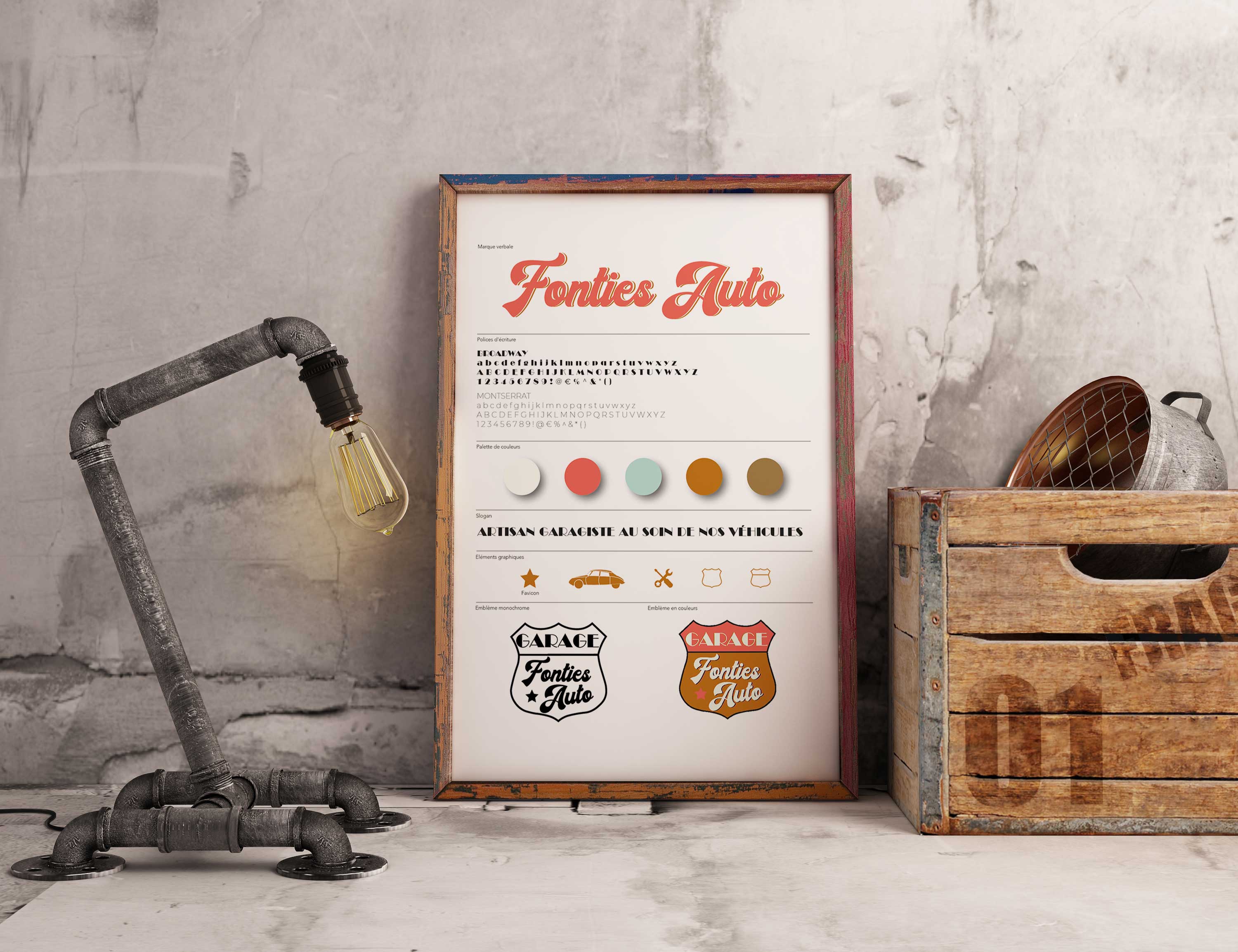 tableau présentant des éléments de l'indentité visuelle de Fonties Auto au milieu d'objets vintage