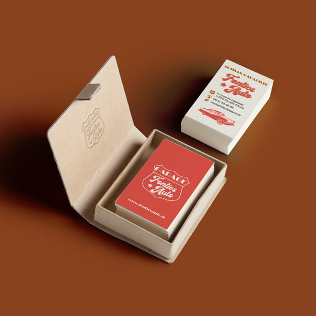 garage business cards in a leather case