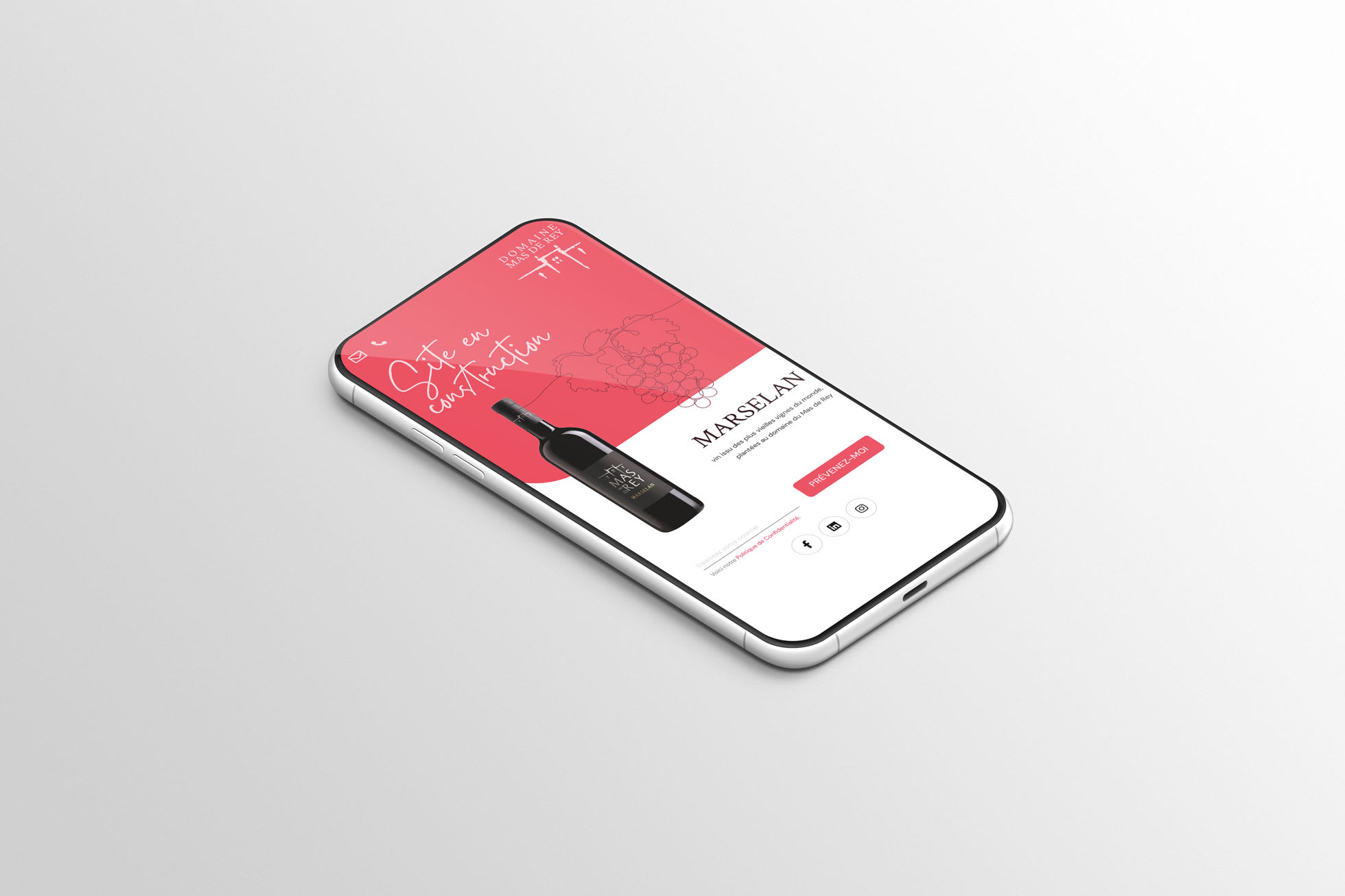 Domaine du Mas de Rey coming soon website displayed on a cell phone