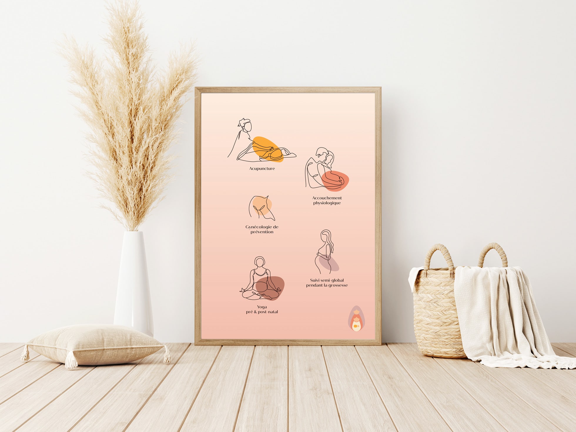 Iconographie du site de sage femme Boisseron dans un cadre en bois posé sur le sol