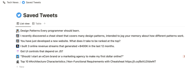 A Notion page for saved tweets