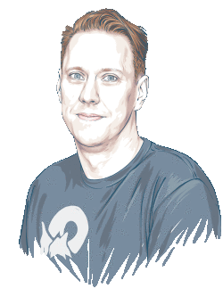 A drawn image of Fredrik Bergqvist in a blue shirt