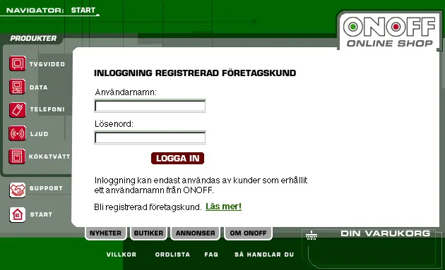 OnOff log-in page