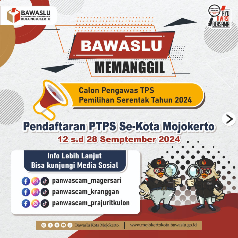 Bawaslu Kota Mojokerto Buka Pendaftaran Pengawas TPS: Dibutuhkan 192 Peserta Qualified