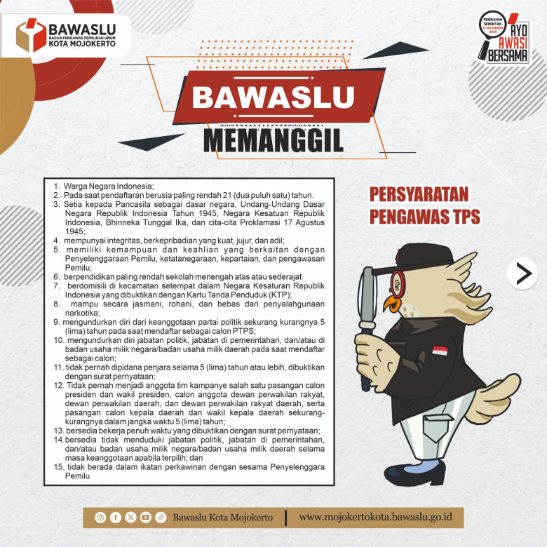 Bawaslu Kota Mojokerto Buka Pendaftaran Pengawas TPS: Dibutuhkan 192 Peserta Qualified
