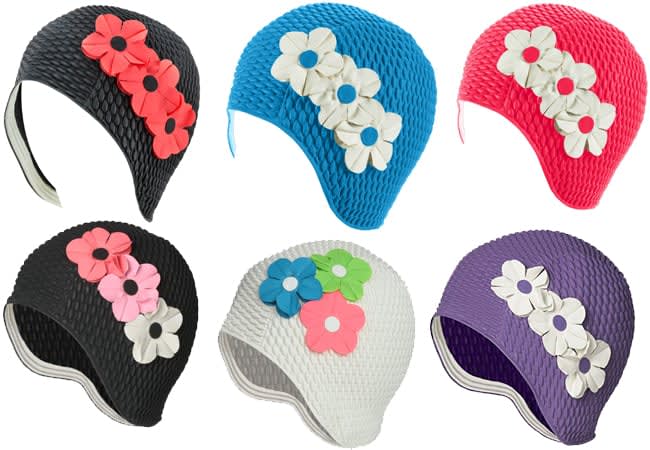 Latex Bubble Crepe Swim Bathing Cap with 3 Flowers bathing caps with flowers - vintage swim caps - latex swimming cap - retro swim cap , petal swim cap - swimming cap - fun swim caps - swim caps custom - cool swim caps - petal swim cap - retro flower swim cap
