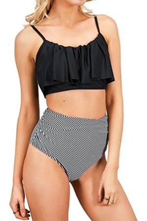Biquinis 2018 Black off shoulder bikini bandeau ruffle flounce swimwear women two piece tankini swimsuits women maillot 2018 Slash Ruffle Bikini Set Off Shoulder Swimwears Brazilian Flounce Biquini Vintage High Waist Swimwear Swimsuit Bathing Suit