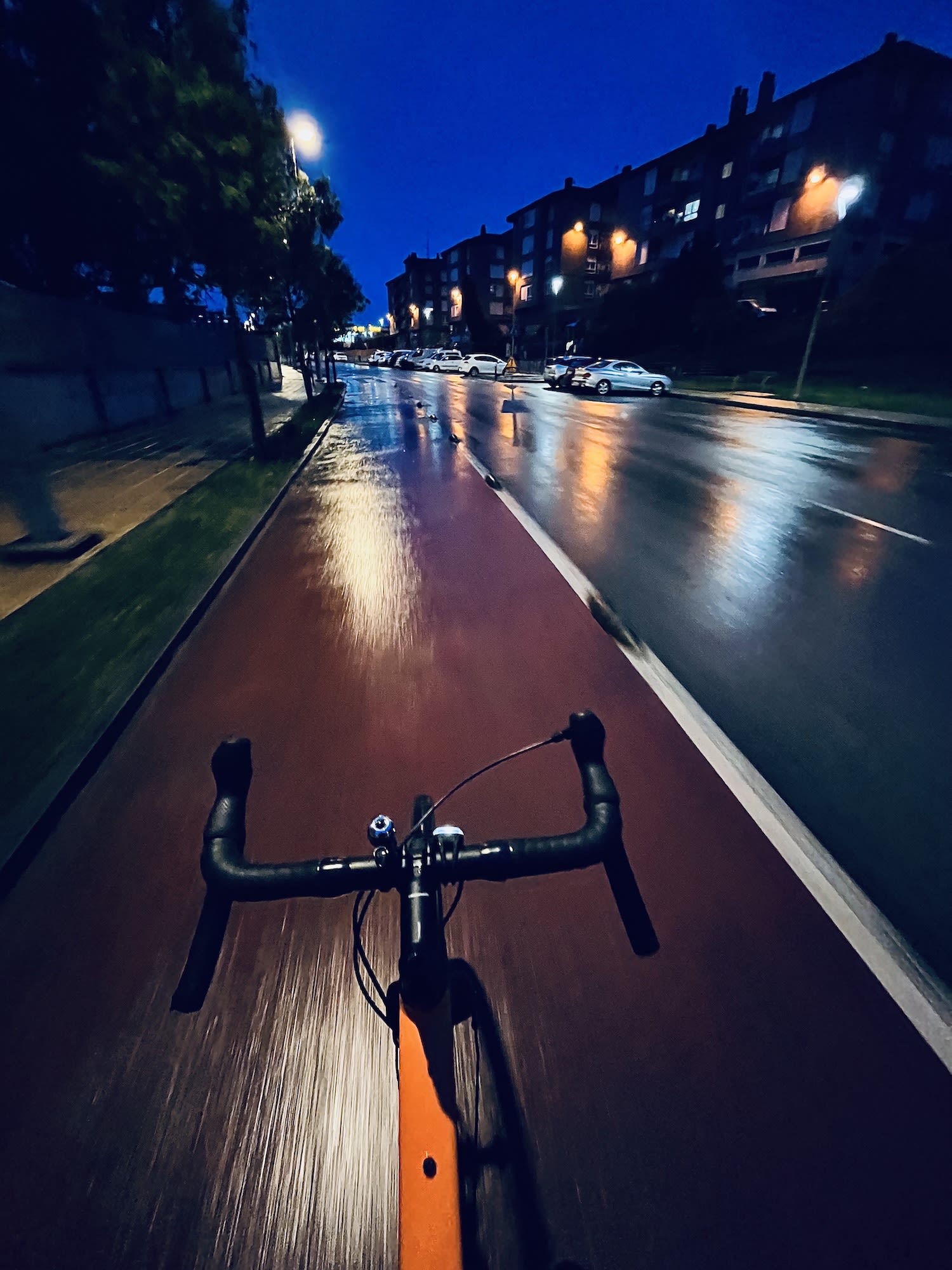 Un carril bici que discurre por la ciudad. Es de noche y llueve ligeramente.