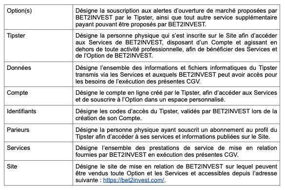 Tableau de définitions