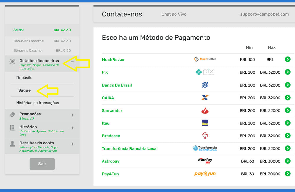 como fazer saque no campobet