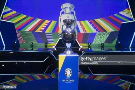 FRANKFURT, GERMANY - OCTOBER 09: The UEFA EURO Trophy is seen ahead of the UEFA EURO 2024 qualifying round draw in Frankfurt, Germany on October 09, 2022. (Photo by Mehmet Murat Onel/Anadolu Agency via Getty Images)