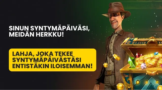 Syntymäpäivä talletusbonus, jossa mies seisoo kultaa ja timantteja sisältävän arkun takana.