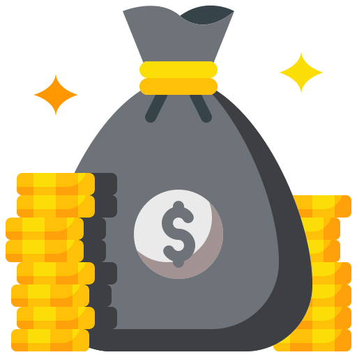Icon with an animated black bag with cash and coins around it
