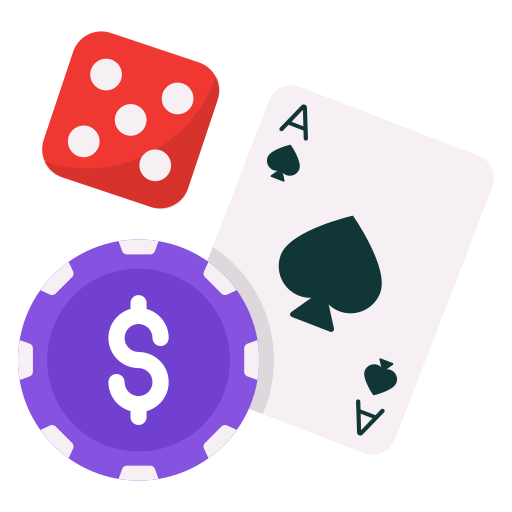 Icon with an animated dice, playing card, and poker chip